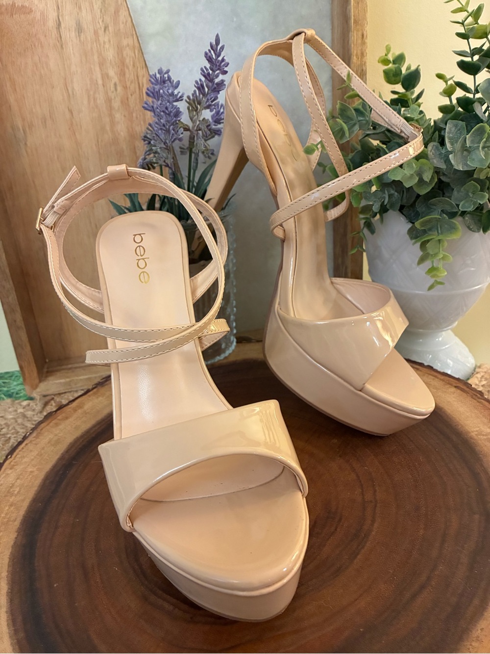 bebe Nude Patent Platform Stiletto Sandals
